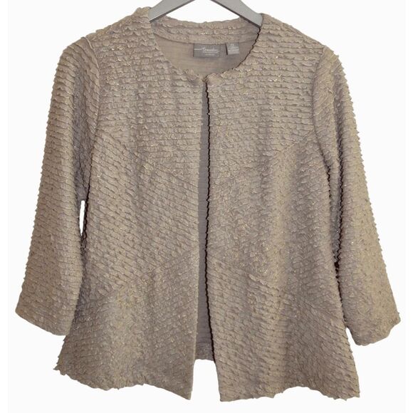 Chico's Travelers Ruffle Jacket Cardigan Tan/Gold Textured Open Front Sz 0 / S - Picture 1 of 5